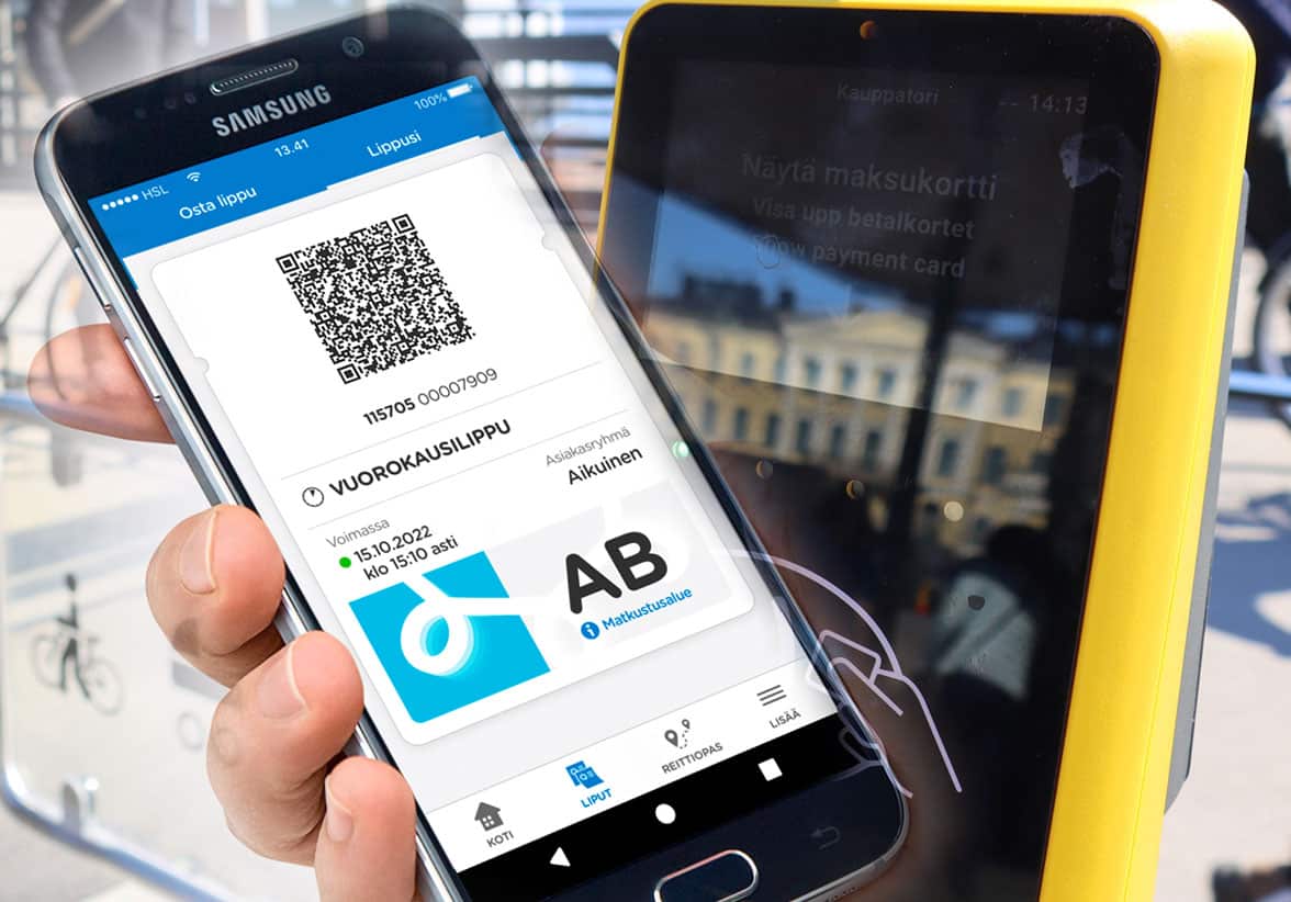 Smartphone with QR code being used for fare payment on a Helsinki Regional Transport  validator 