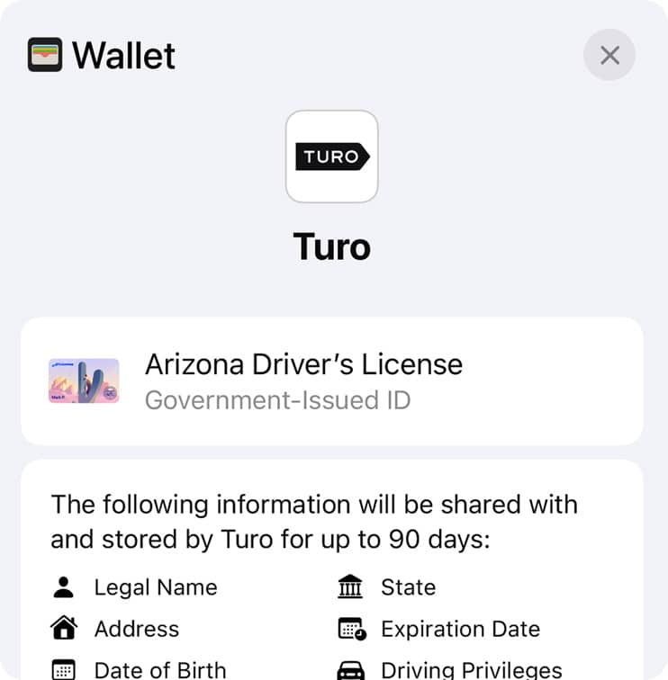 A screenshot showing Apple Wallet's ID verification feature in use