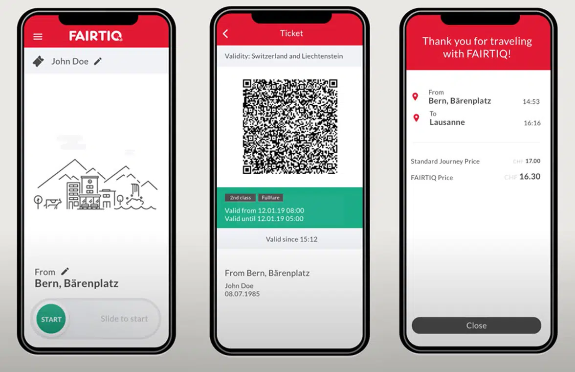 Fairtiq contactless mobile ticketing application on smartphones