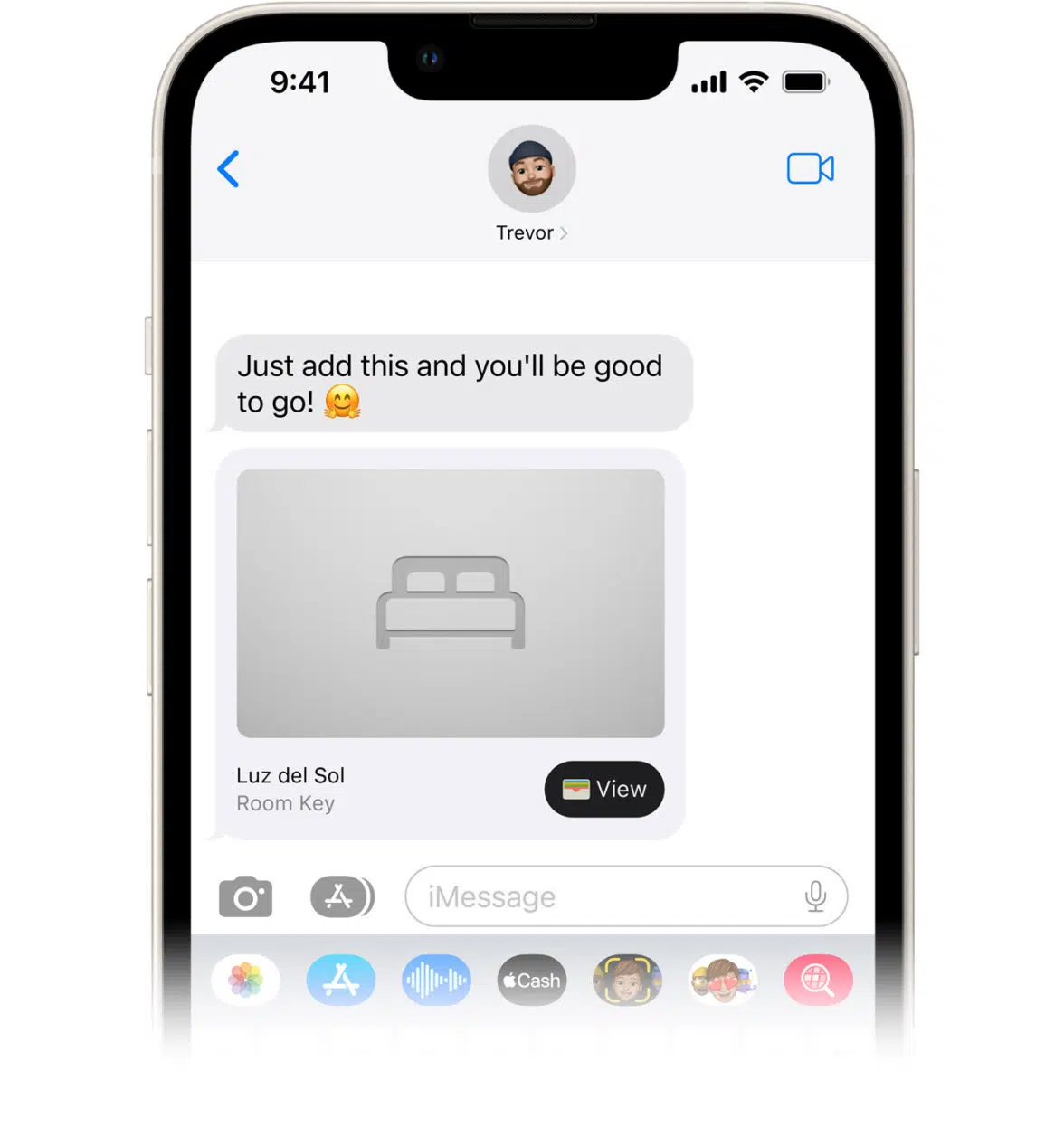 Screenshot of an iPhone user sharing a room key with another person using iMessage