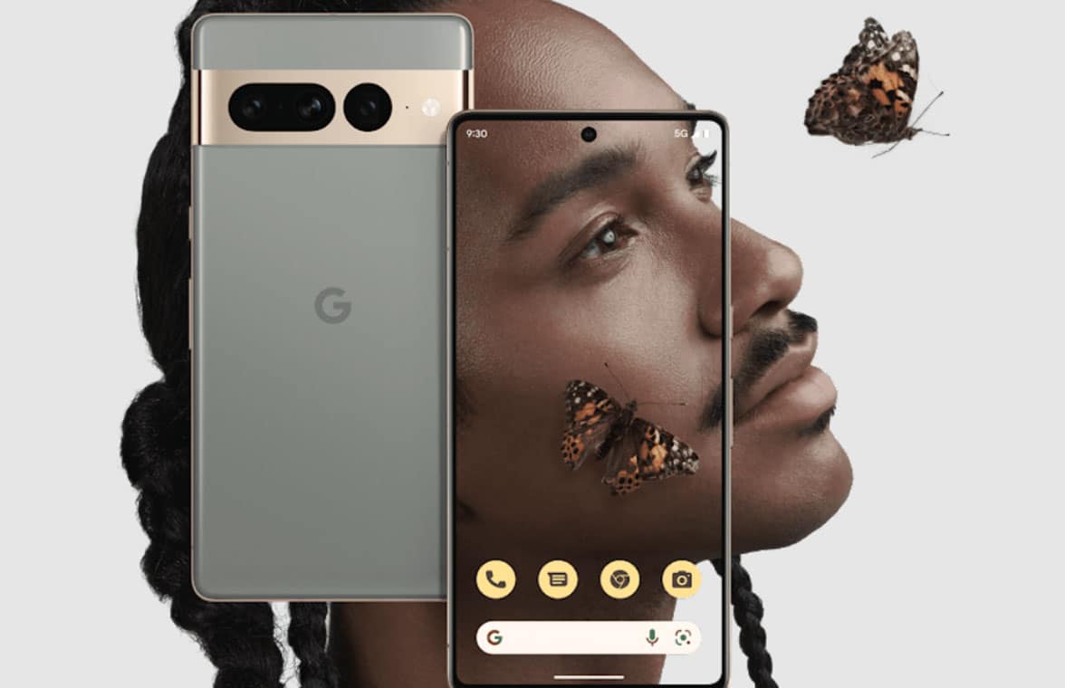 Google Pixel 7 Pro with person's face behind watching a butterfly