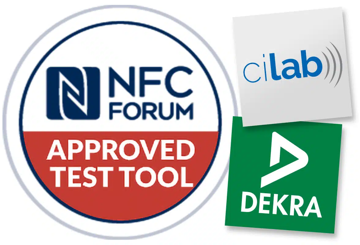 Cilab logo, Dekra logo, and NFC Forum Approved Test Tool logo