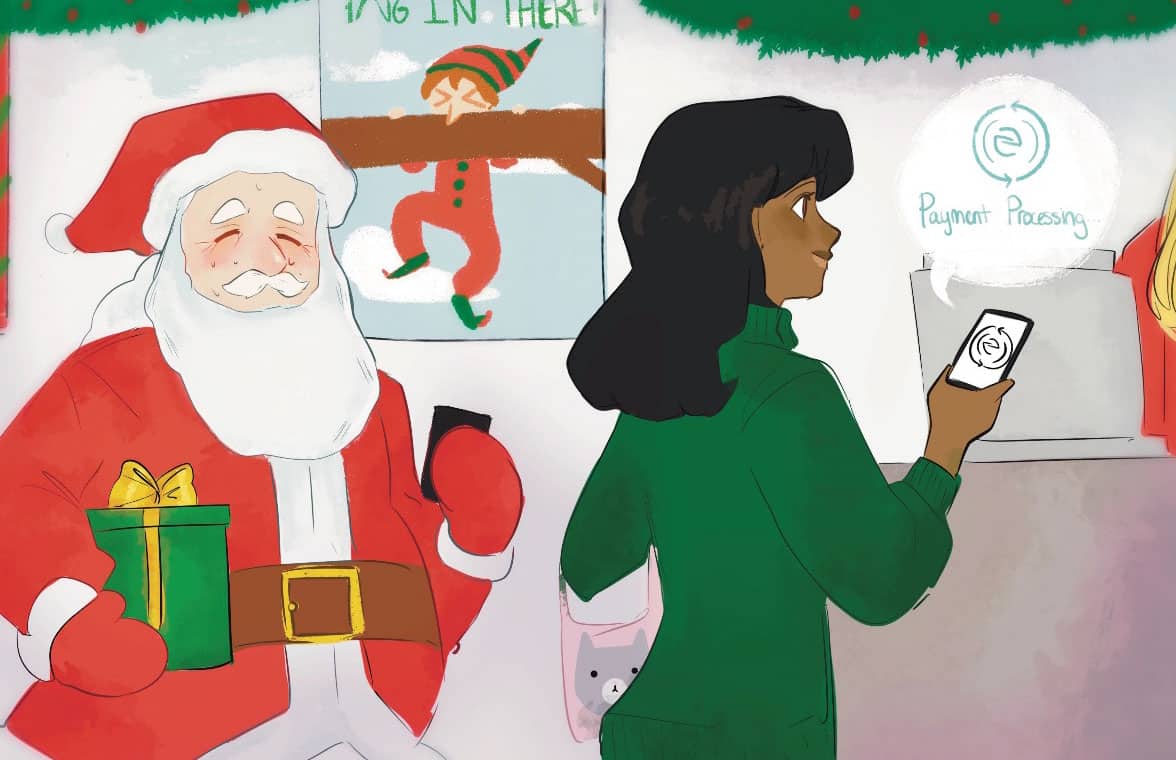 NFC Forum Santa using mobile payment to buy Christmas present cartoon