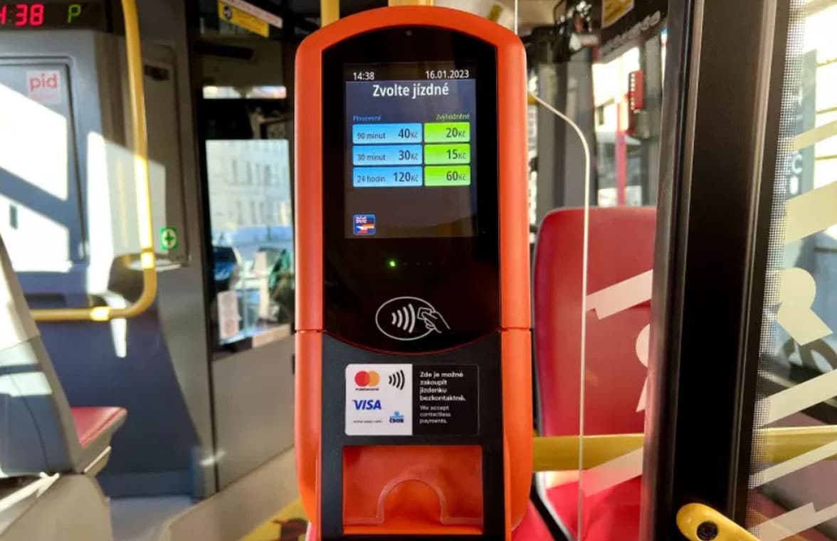Prague open loop contactless fare payments terminal on a bus
