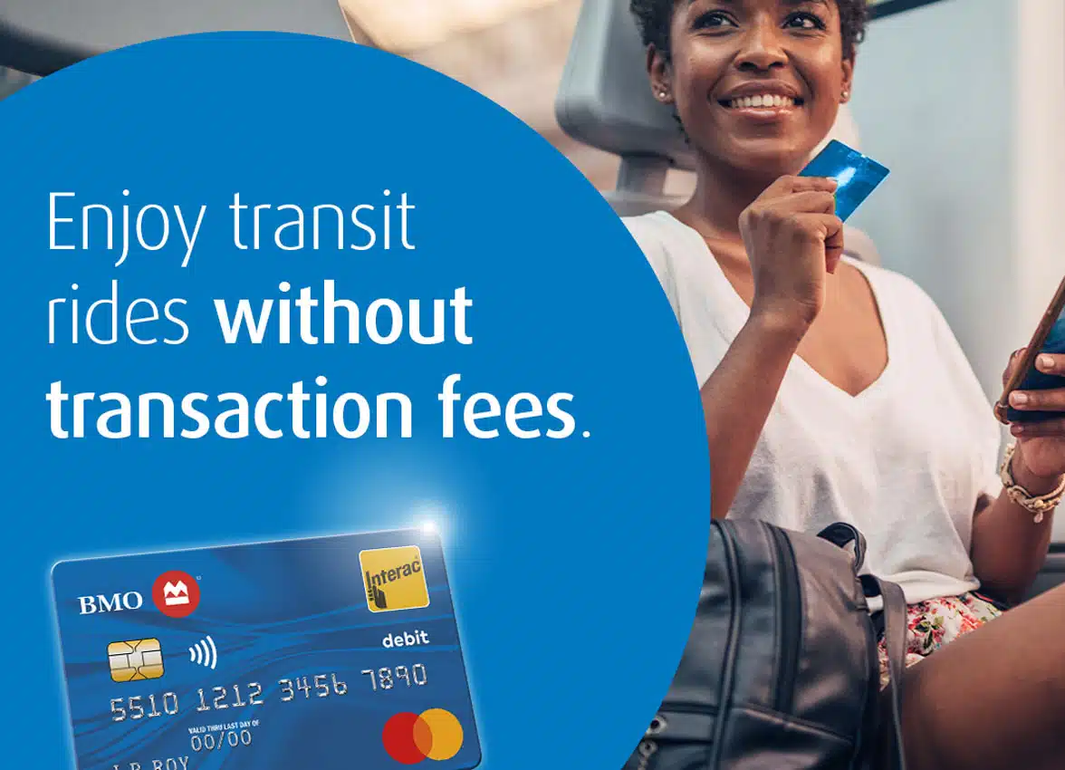 Promo graphic for Bank of Montreal advertising dropping of debit card transaction fees for contactless fare payments across Canada
