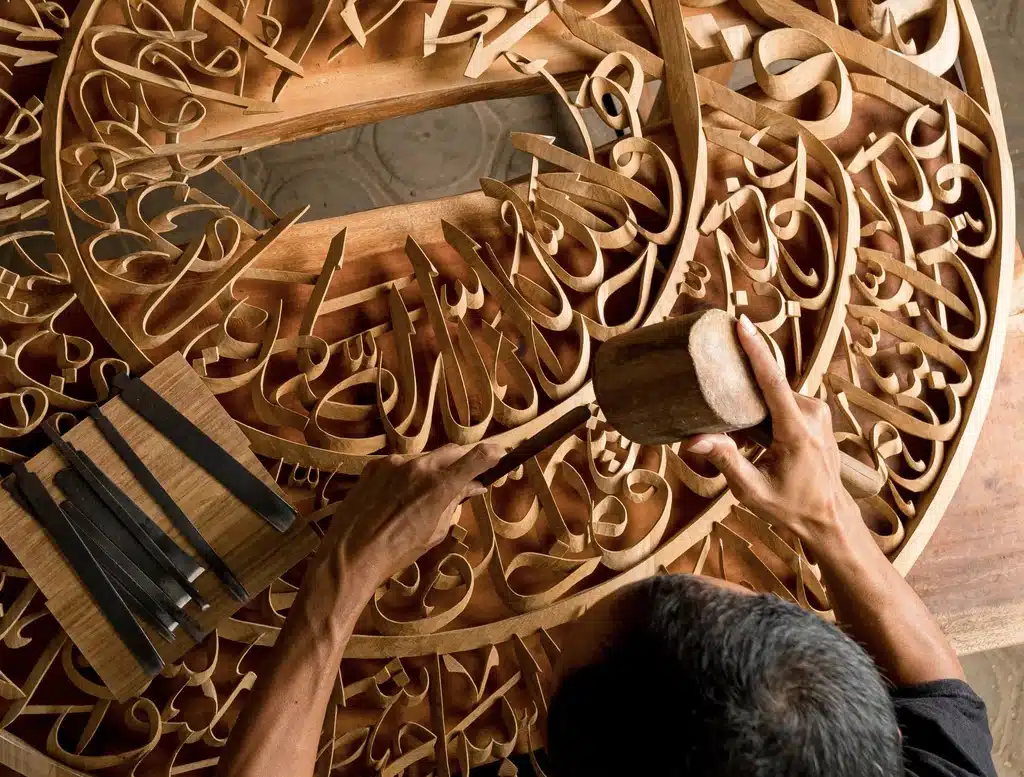 A craftsman works on one of Mahajati's intricate handmade wood carvings