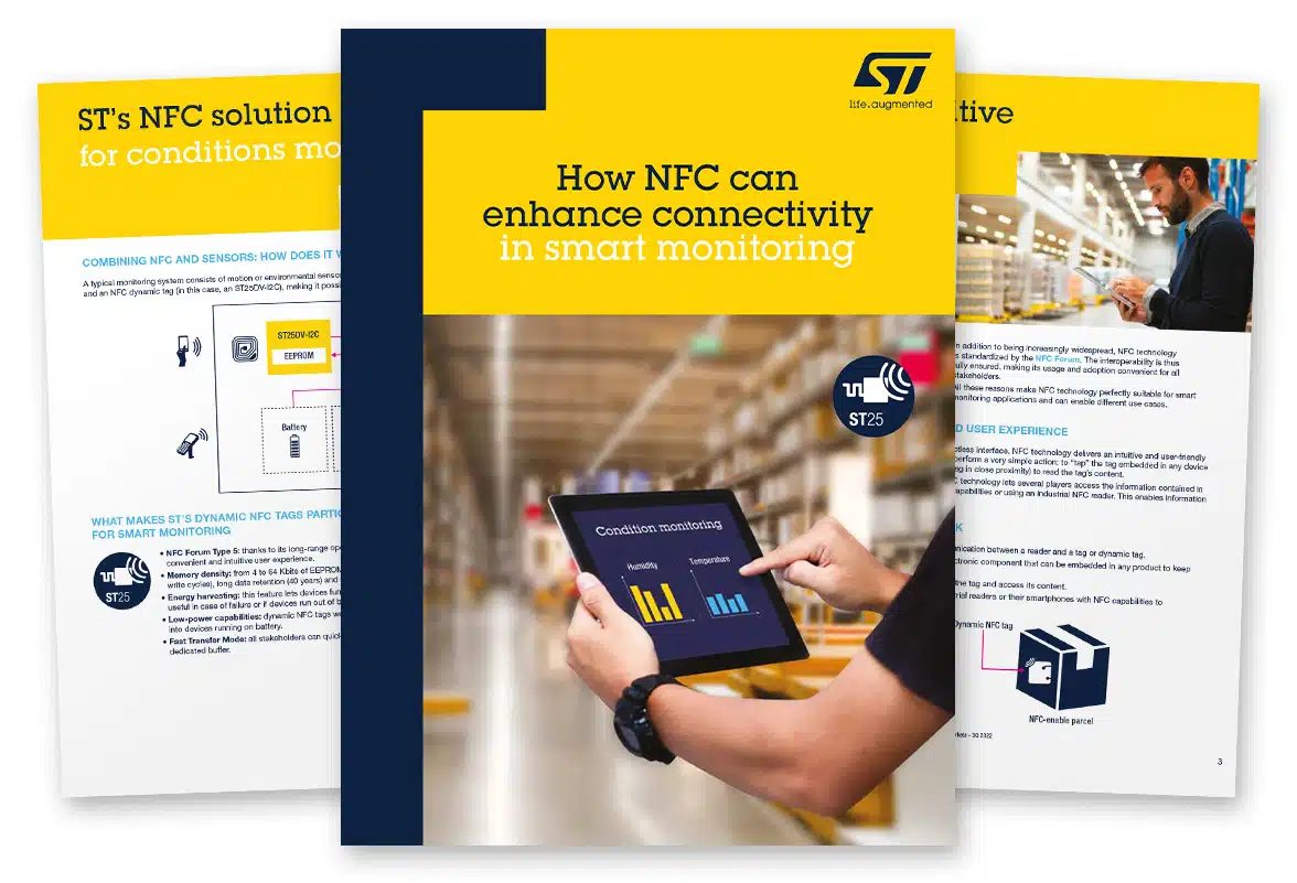 Front cover of STMicroelectronics white paper on how NFC can enhance connectivity in smart monitoring