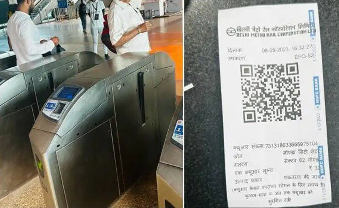 Delhi Metro QR paper ticket plus a person using the AFC gate
