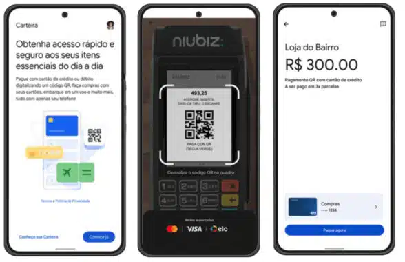 Google wallet payment in Brazil using QR code shown on 3 screens