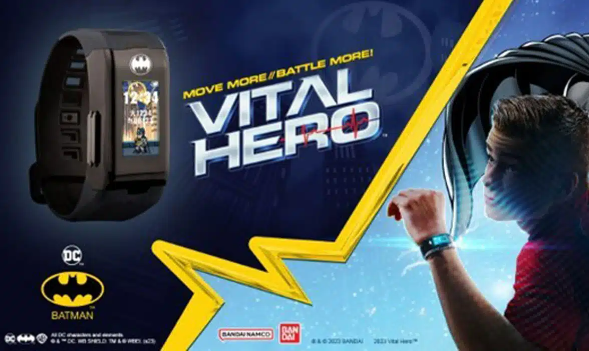 Bandai wearable Vital Hero NFC gaming and fitness wristband on left with Batman wearing wristband on right