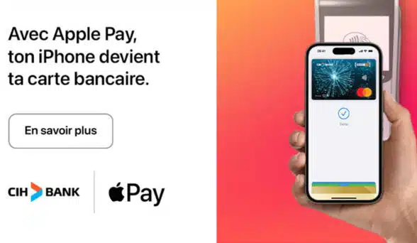 Apple Pay advert by CIH Bank in Morocco with logos and virtual Mastercard on a smartphone