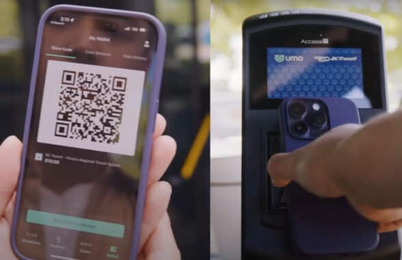 BC Transit Umo app with QR code and making contactless payment on bus validator in British Columbia