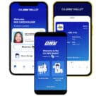 3 smartphone screens showing the California DM wallet mobile driving licence and ID card