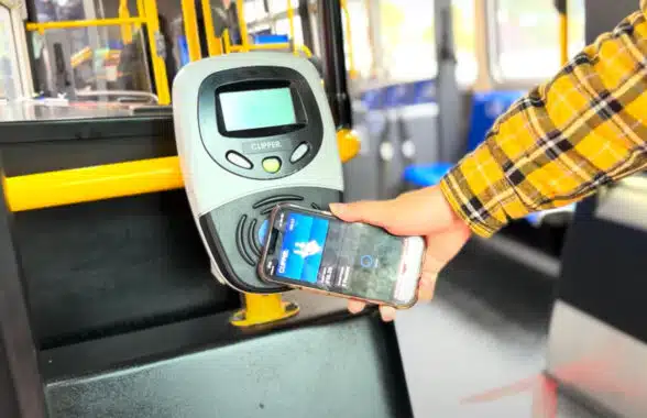 Smartpone using Clipper pass for contactless fare payment on a bus