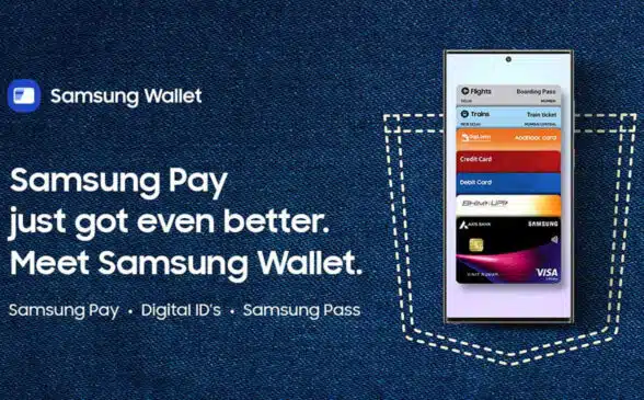 Advert for Samsung Wallet in India showing payment cards, digital IDs, tickets and travel passes on a Galaxy smartphone