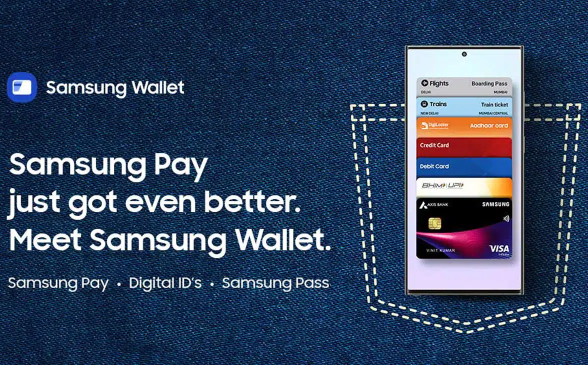 Samsung Wallet India advert with payment cards, digital IDs, tickets and travel passes on a Galaxy smartphone
