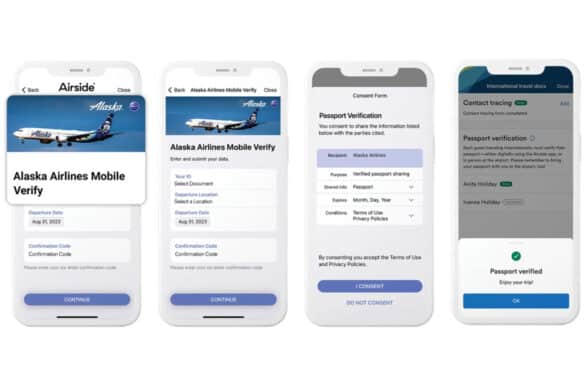 Alaska Airlines digital ID sign-up sequence on smartphone for passengers verifying their passport for international travel