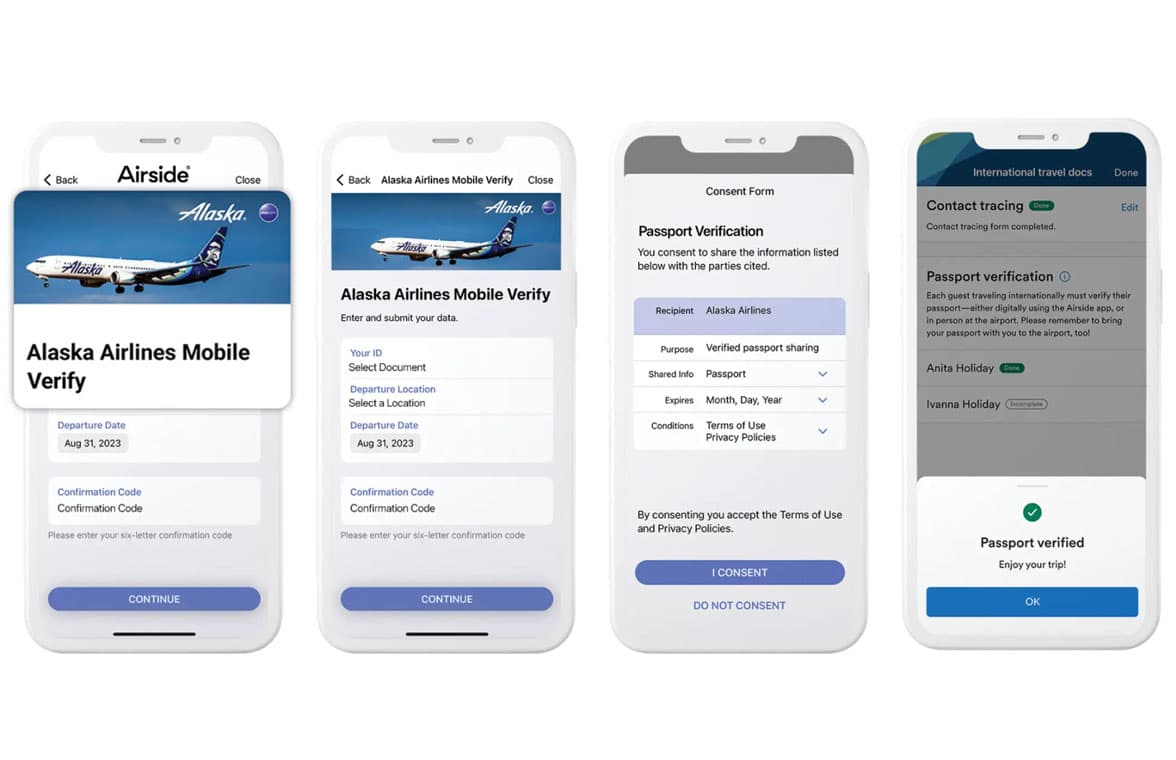 Alaska Airlines digital ID sign-up sequence on smartphone for passengers verifying their passport for international travel  