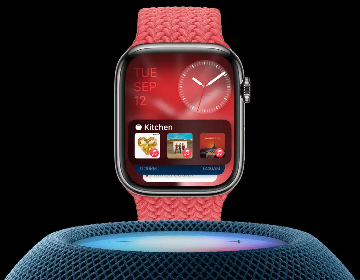 An Apple Watch Series 9 and a HomePod speaker