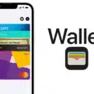 Apple wallet logo with UK bank cards on iPhone