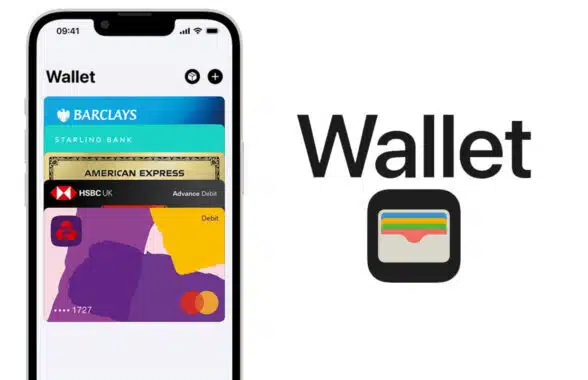 Apple wallet logo with UK bank cards on iPhone