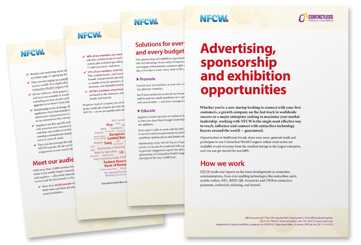 Pages from the guide to advertising, sponsorship and exhibition opportunities at NFCW and Contactless World Congress 