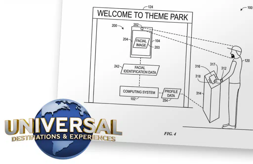 US patent figure of man at venue entrance showing how biometric facial recognition would work at Universal's theme parks
