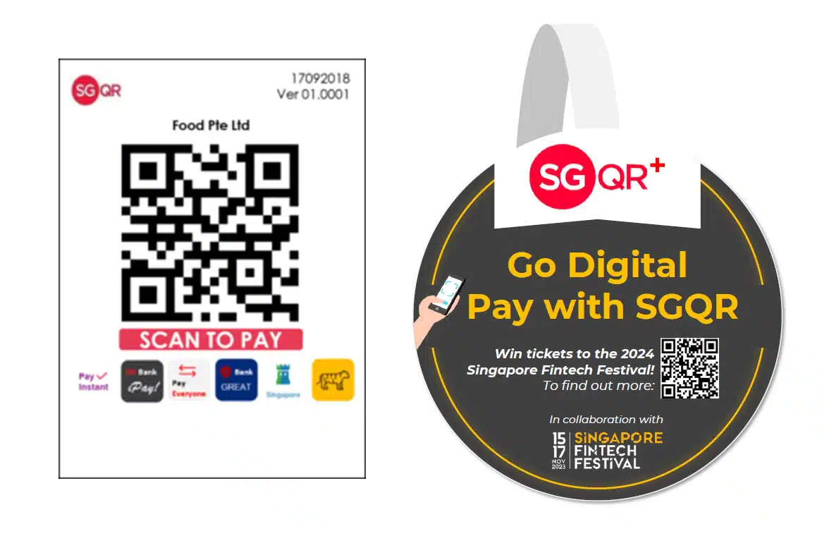 Banners for Singapore's SGQR and SGQR+ enhanced interoperable common QR code payment schemes