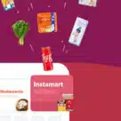 Swiggy instamart advert with products shooting out of top of smartphone