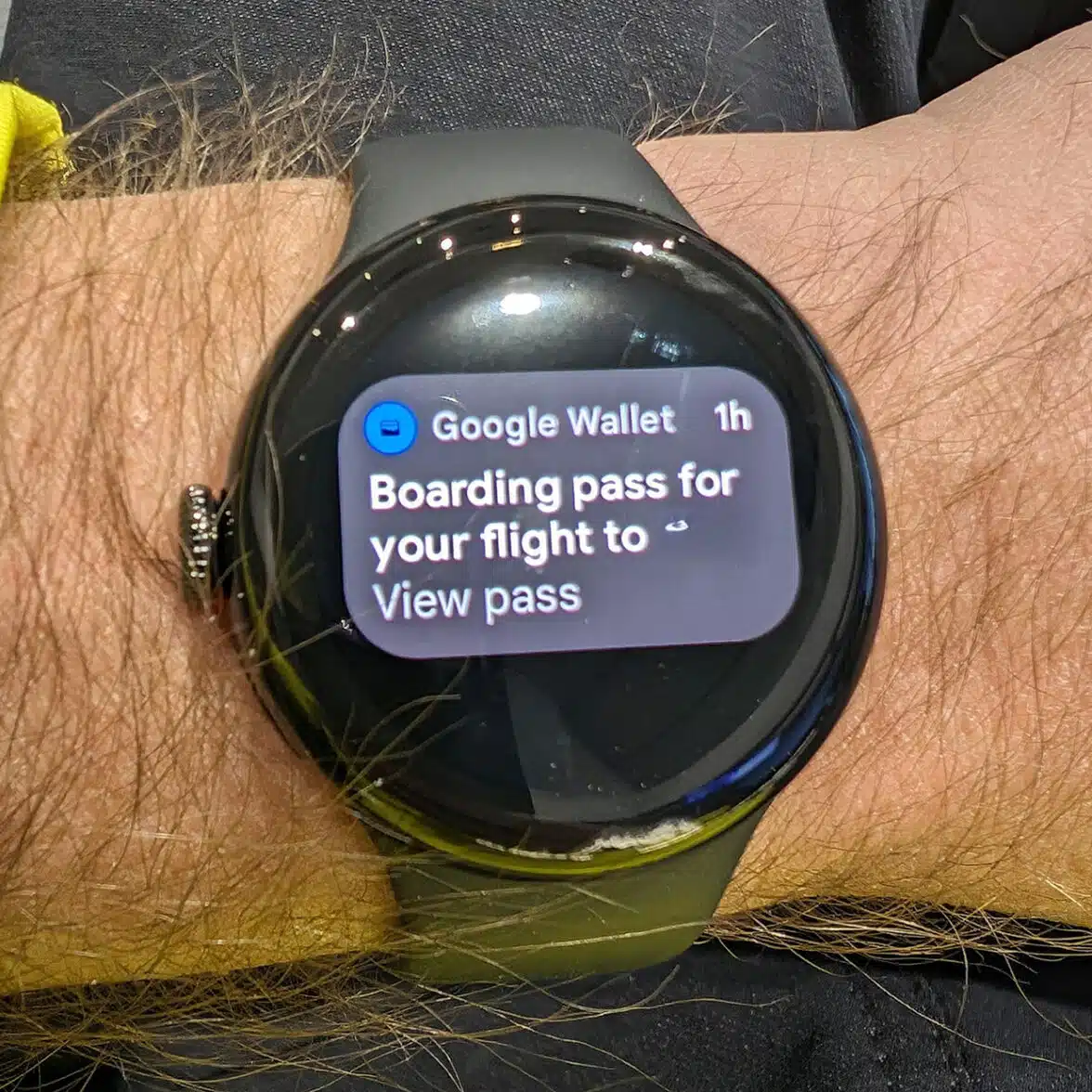 Google Wallet offering to display an airline boarding pass on a Google Pixel Watch 2. Image by u/Fuel13.