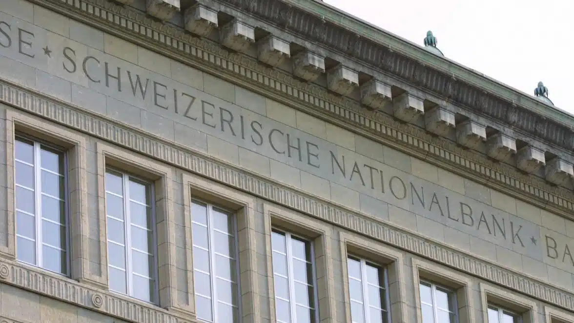 The facade of the SNB building in Zurich, showing the bank's name